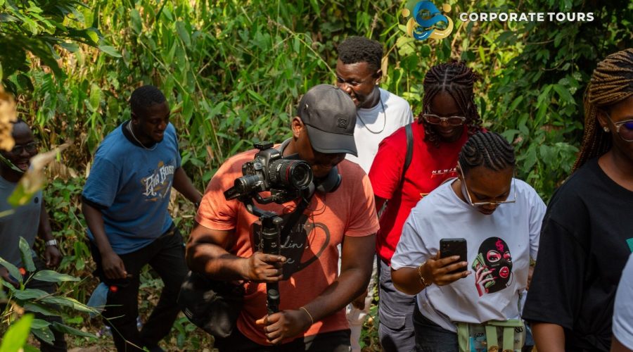Media team beginning the journey to mount afadjato